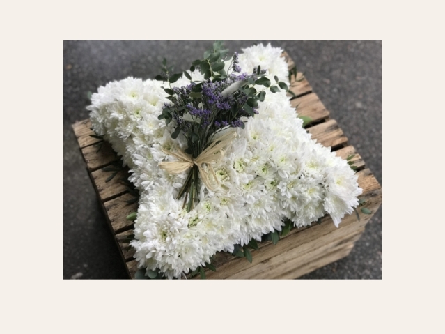 White Cushion Tribute with Lavender spray
