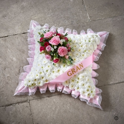 White Cushion with Pink Spray
